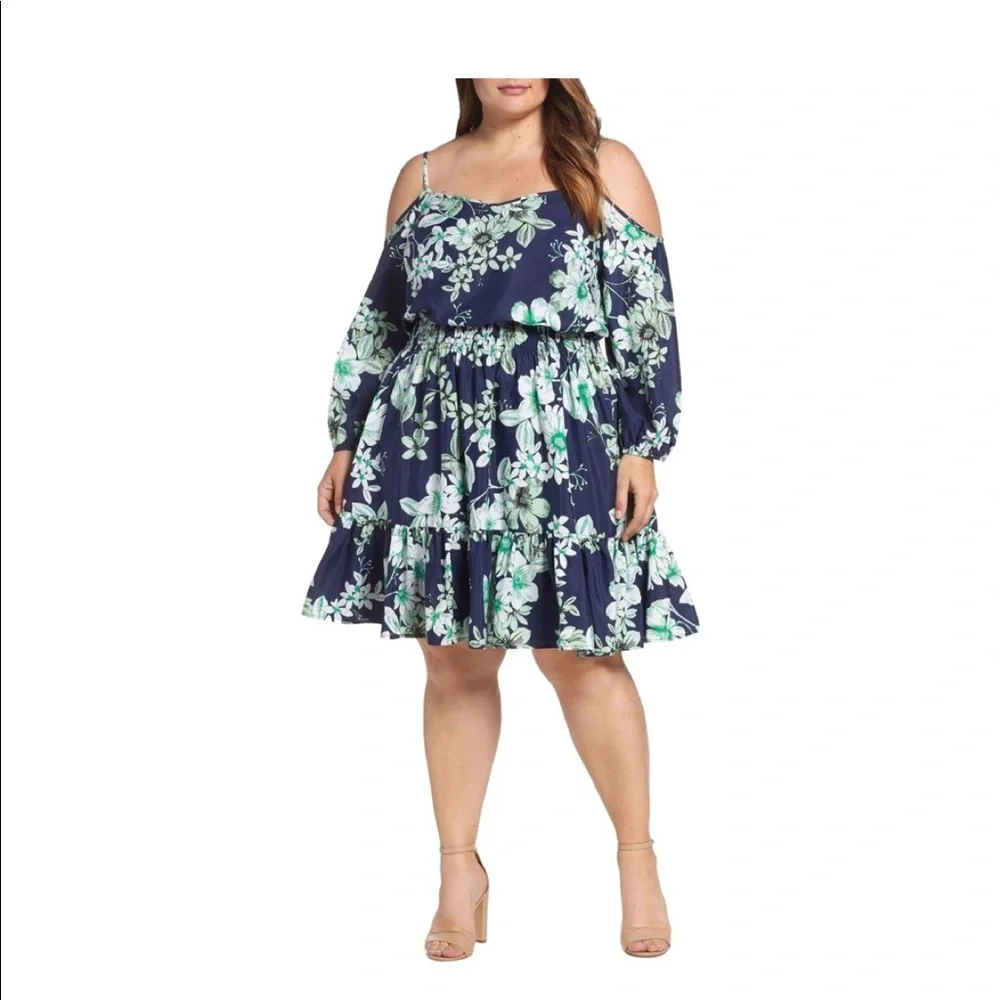 Eliza J Navy & Green Cold Shoulder Blouson Dress - Picture 1 of 10